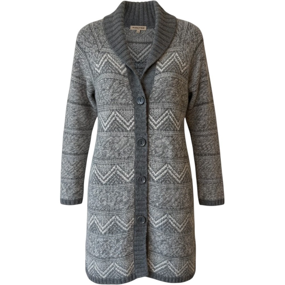 Maryline Women Wool Blend Cardigan Size M Gray Zigzag Shawl Collar Long Sweater